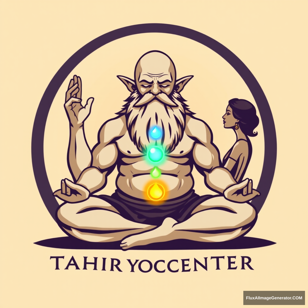 Tahir Yoga Center logo: a muscular large bald dwarf with a beard in the lotus position exchanges energies from chakras to chakras with a woman.