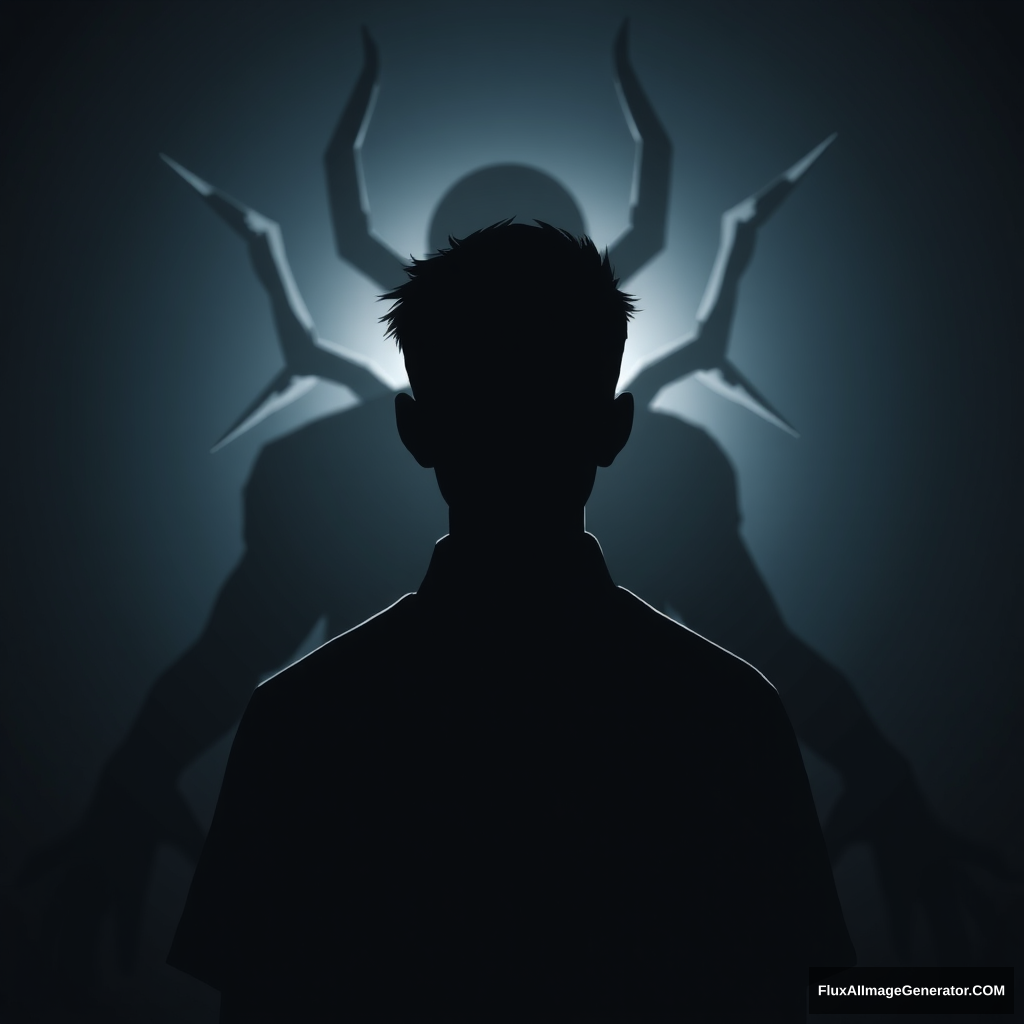 Silhouette of a man in a school uniform, with an evil spirit behind him.