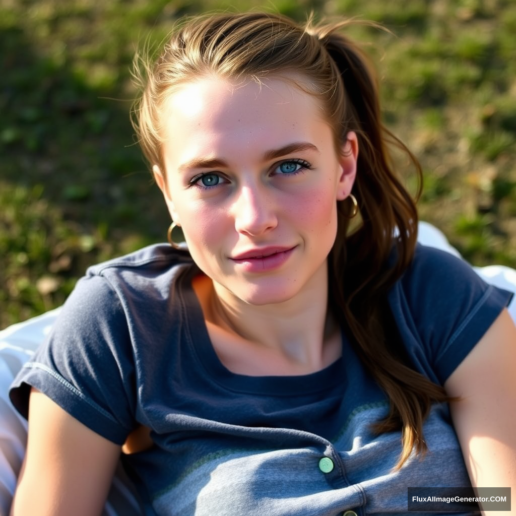 A very pretty skinny 28-year-old adult, Ally Hinson, has brown hair tied back in a ponytail, freckles, and skin imperfections, wearing pajamas and laying outside.