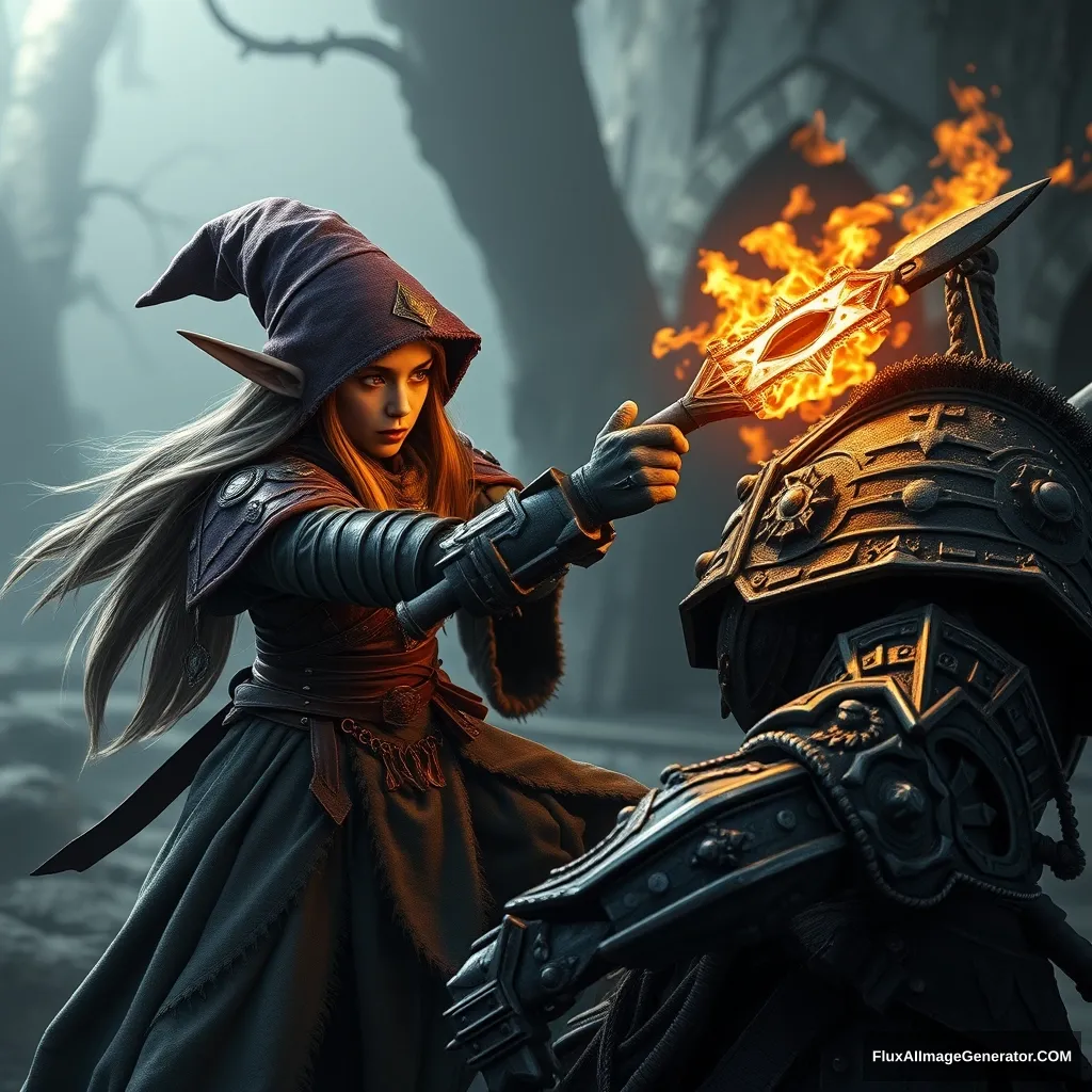 A girl elf wizard is attacking an orc knight, Warhammer 40000 style, hyper-realistic photo, 8K, Unreal Engine.