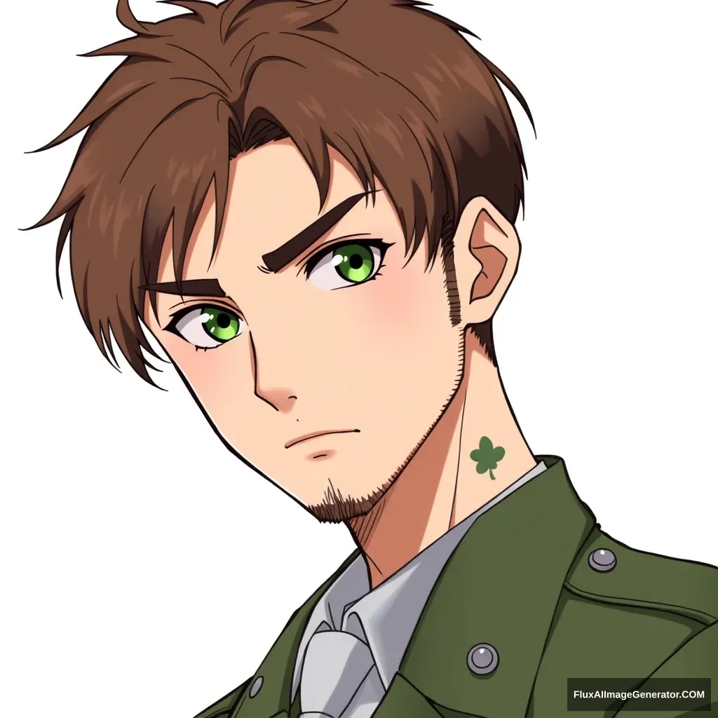 solo, looking at viewer, short hair, brown hair, 1 boy, white background, green eyes, male focus, necktie, uniform, military, military uniform, facial hair, thick eyebrows, portrait, bara, beard, sideburns, mature male, American appearance, tattoo on the neck. anime style - Image