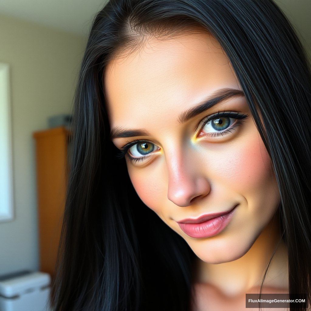 Instagram selfie, a 28-year-old gorgeous woman, slight smile, detailed skin face and eyes, natural lighting, at home, long hair, film grain, low contrast, natural face, freckles, black hair, blue eyes, dark circles under eyes.