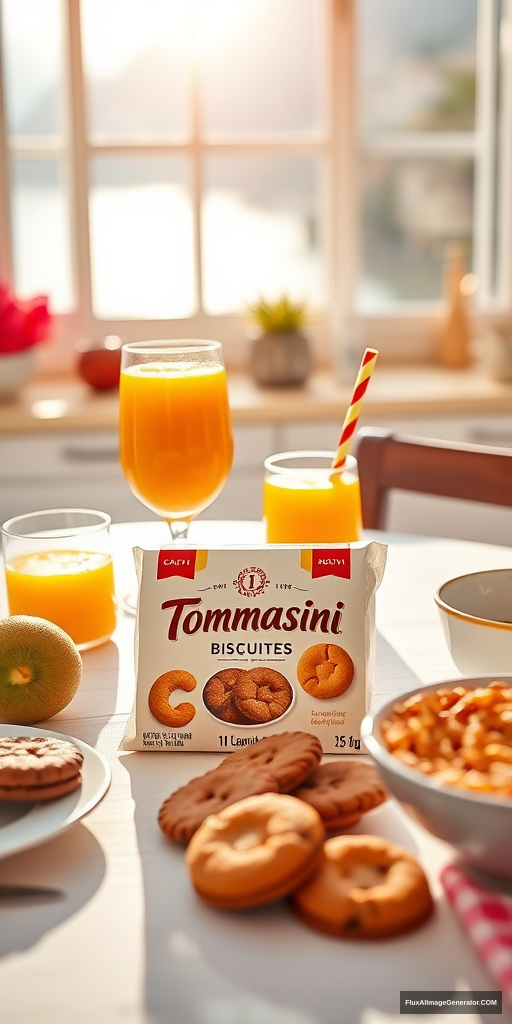 Imagine a sunny Sunday morning, with a table set for a delicious breakfast. In the center of the table, a pack of biscuits signed 'I Tommasini' are prominently displayed, with some chocolate cookies catching the eye. Next to them, a glass of orange juice with a colorful straw, a fresh kiwi, and a bowl of crunchy cereal. In the background, a blurred kitchen offers a charming view of the Amalfi Coast, with the sun gently illuminating the space. Technical details: 8k resolution, vibrant and bright colors.