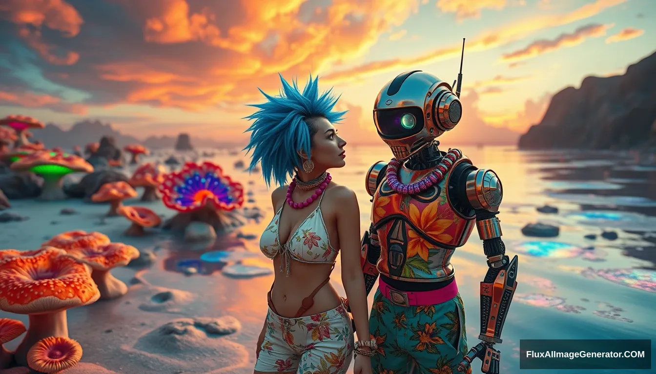 Cinematic Photo of a couple in the intricate style of Enki Bilal: A delicious attractive punk girl with electric blue spiky hair and a charming retro-futuristic robot in Hawaiian shorts, on a surreal alien beach adorned with iridescent fungi and shimmering lakes, all beneath a vibrant, dreamlike sky. - Image