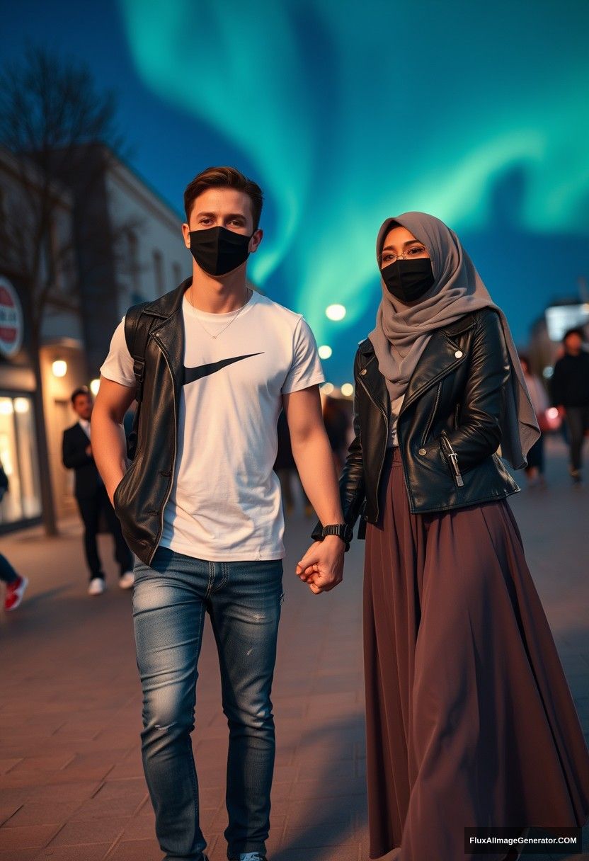 Jamie Dornan, handsome, black face mask, white Nike t-shirt, jeans, sneakers, dating romantically with a beautiful Muslim girl in a grey hijab, with beautiful eyes, black face mask, leather jacket, very long and big skirt, not a tall girl, red sneakers, holding hands, in town, black glasses, photorealistic, street photography, full photography, selfie photos, night scenery, aurora.