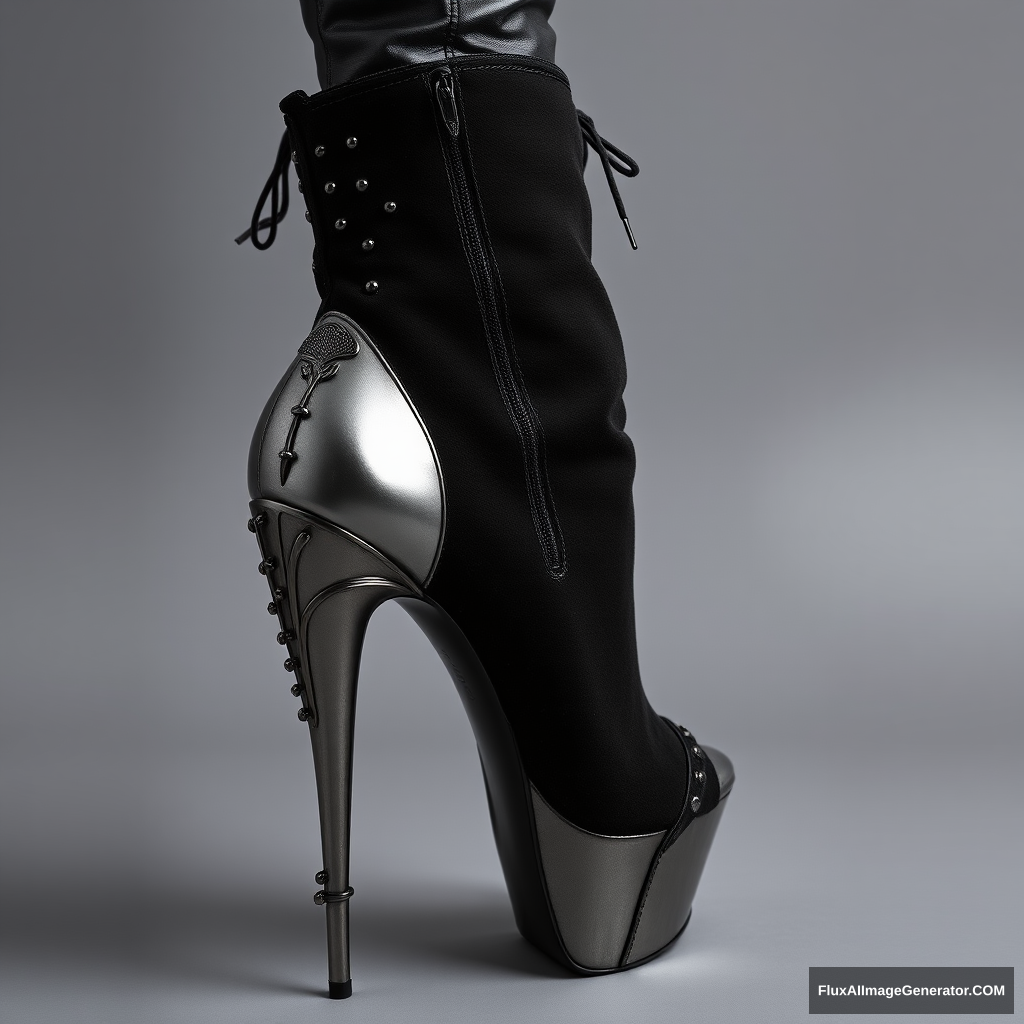 A high-fashion stiletto boot with a unique heel that represents a metallic sculpture of an entire woman's body in an artistic and sexy pose, who embraces the heel and boot body, with intricate details, leather, suede parts, nails, and lace.