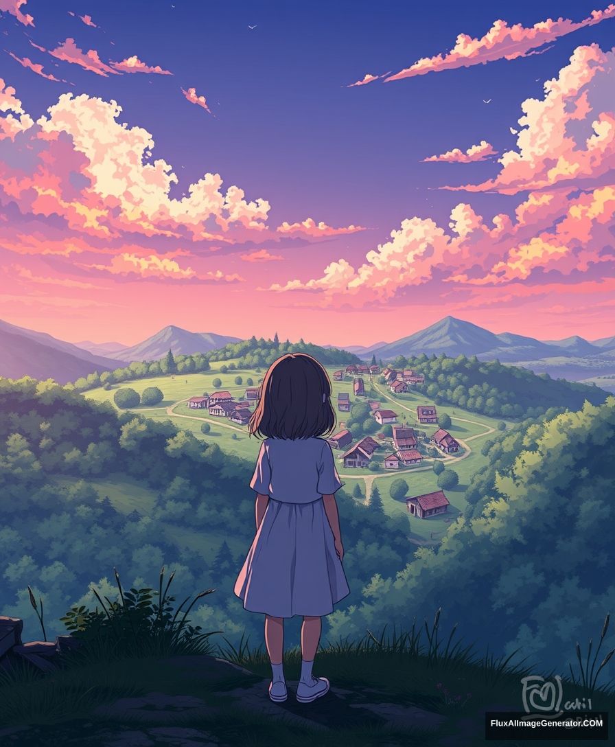 Anime style, a girl looking at a village from a top hill.