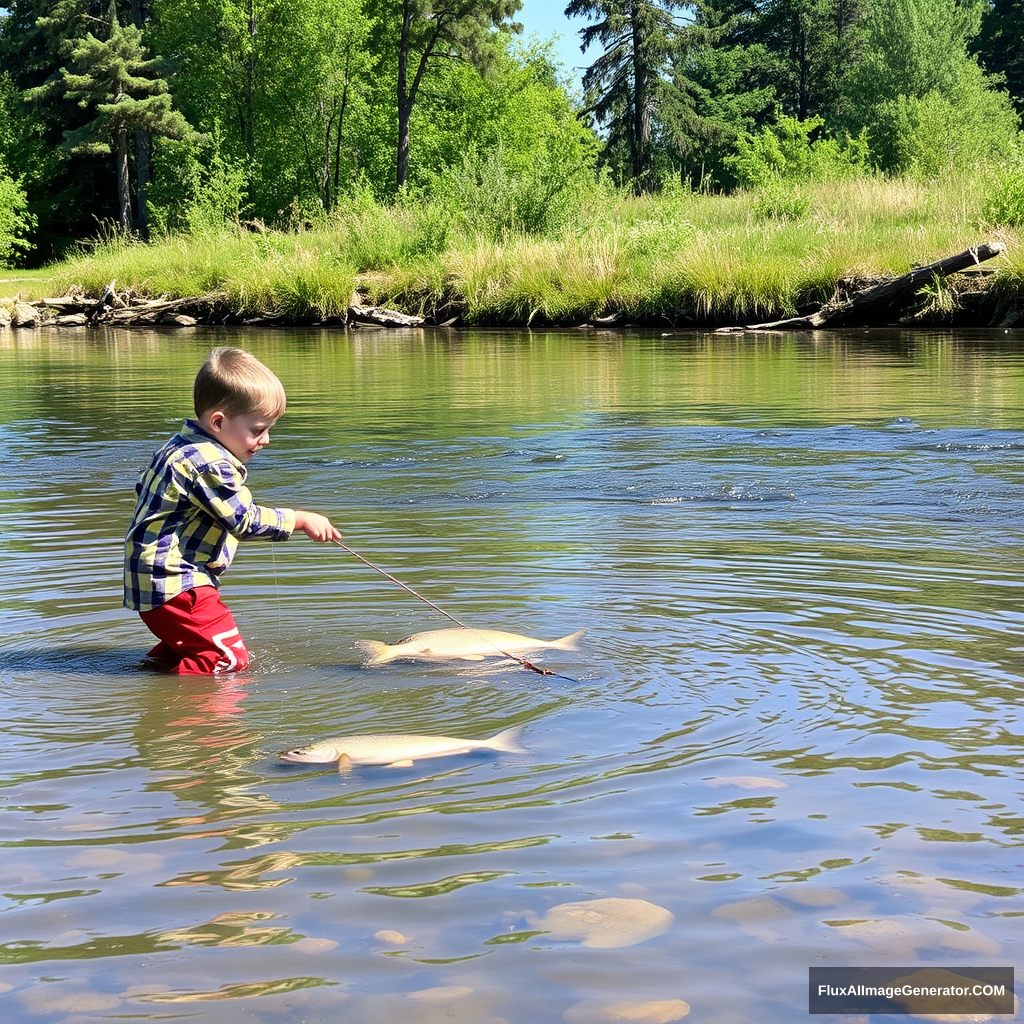 A child catching fish in the river. - Image