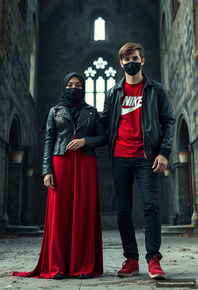 A biggest black hijab girl, beautiful eyes, face mask black, black leather jacket, biggest red longest dress, not tall, standing near him and holding his arm,

Jamie Dornan, handsome, youngest, face mask black, fit and tough body, Nike red t-shirt, black leather jacket, jeans, red sneakers, tall man, standing near her

Hyper realistic, photorealistic, studio photography, Victoria's abandoned castle, gloomy.