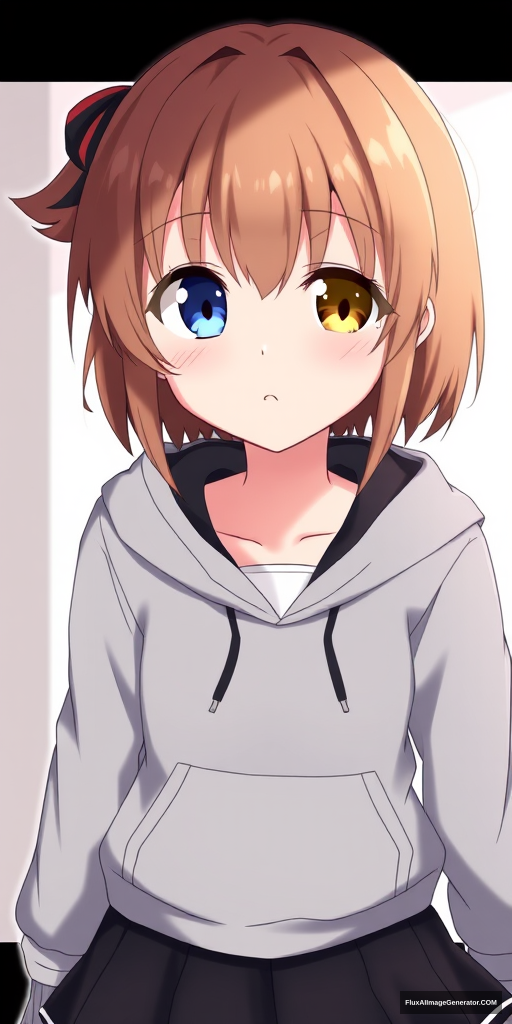 One anime girl with the left eye blue and the right one yellow, and brown hair. She has a cute appearance, is short, and is wearing a gray hoodie with a black skirt.