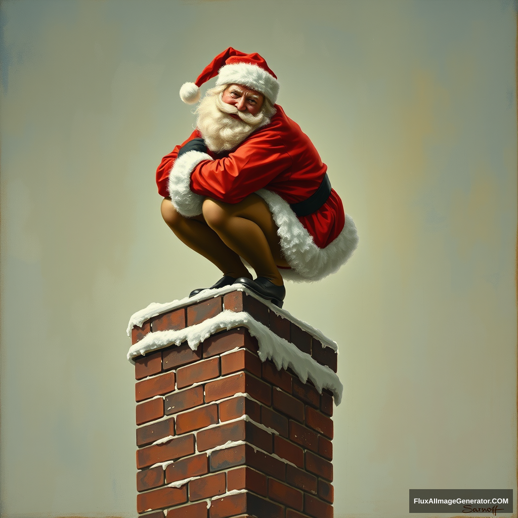 Santa is wearing pantyhose and squatting on top of a chimney, grunting as he holds on to the top edge, a painting by Authur Sarnoff, 4k.