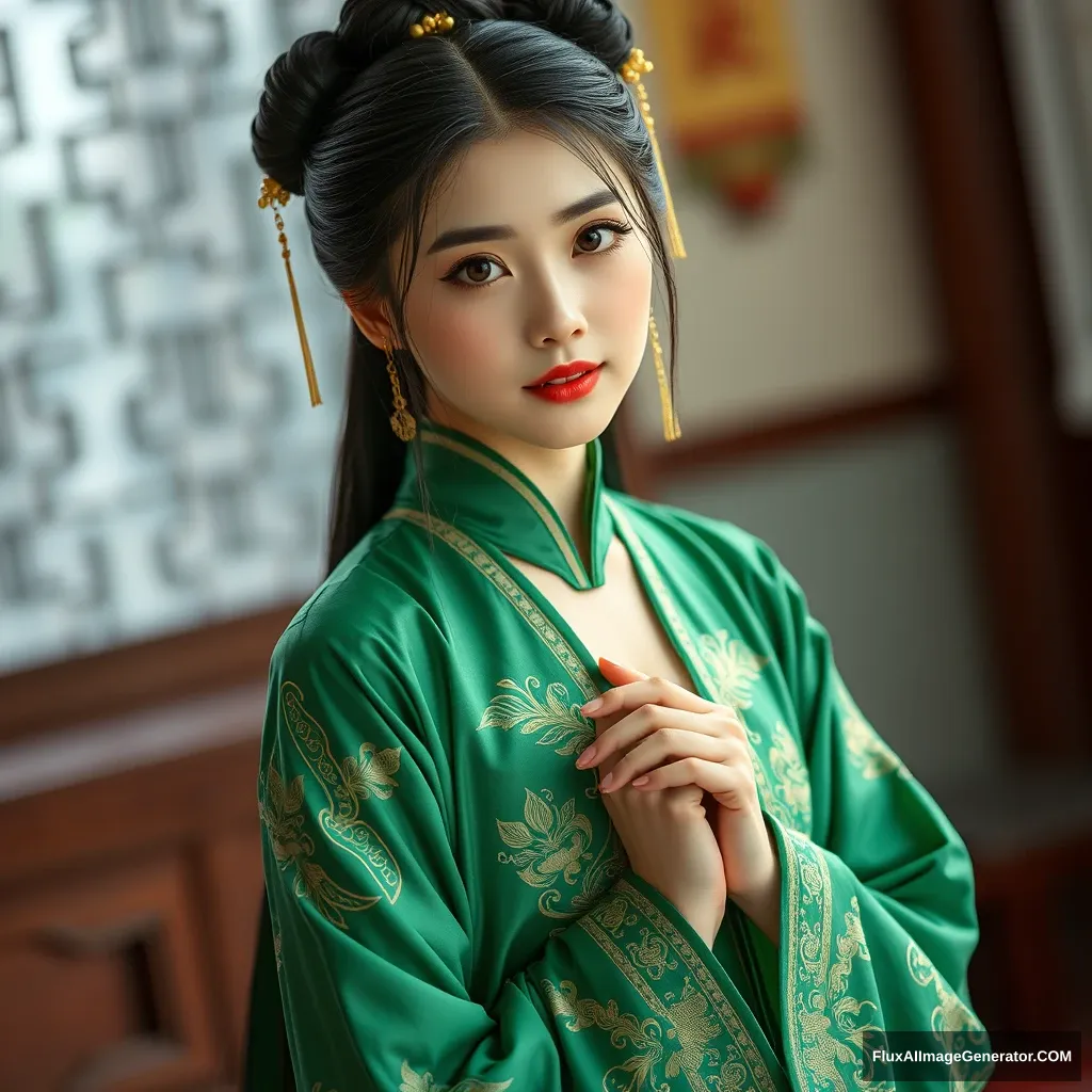 QIEMANCN, (masterpiece, high quality, best quality:1.5), photography of a beautiful girl wearing a green costume, (Chinese clothes, hanfu), black hair, triple bun, looking at viewer, full body, gold jewelry, in a room, (perfect eyes, beautiful face and black eyes:1.3, natural skin), depth of field, (details:1.1), photorealistic, ultra realistic, 32k, RAW photo, (high detailed skin:1.2), 8k uhd, DSLR, soft lighting, high quality, film grain <lora:lora-of-chinese-clothes-tangtynastystyle-sdxl:0.8>. - Image