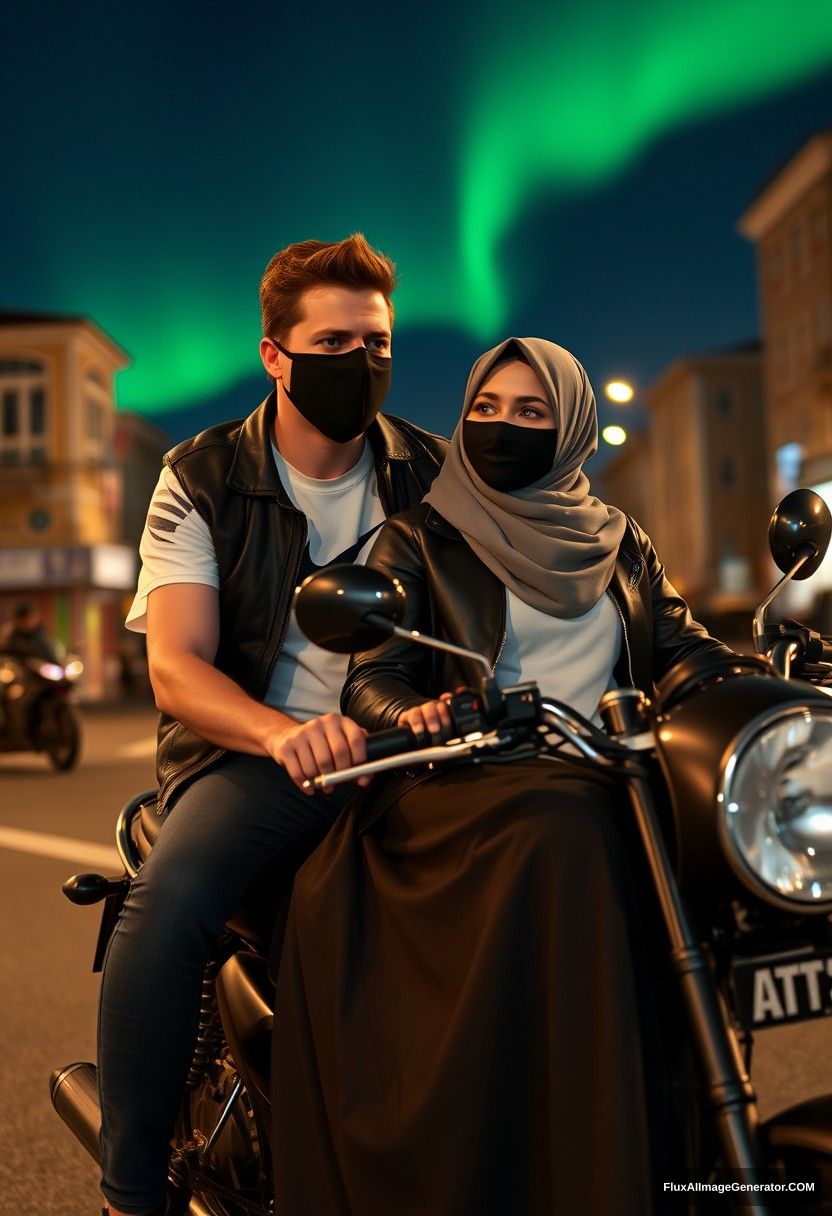 Jamie Dornan, tall, young, wearing a black face mask, a white Nike t-shirt, and jeans, riding a motorcycle 

on a romantic date with a gray hijab-wearing Muslim girl with beautiful eyes, also in a black face mask, a leather jacket, and a very long and big skirt, who is not tall. 

They sit on a motorbike together in town, in a photorealistic style, capturing street photography at night with an aurora borealis in the background.