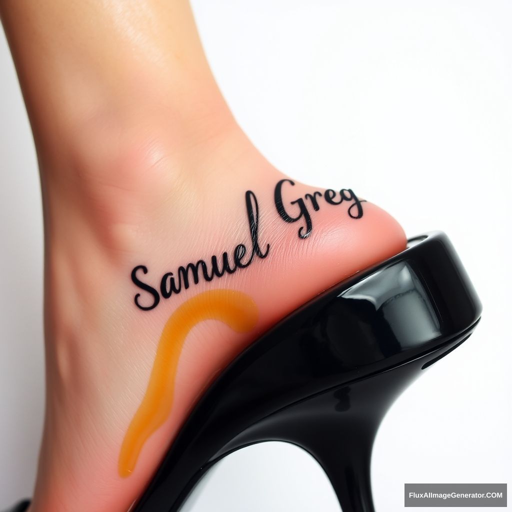 The name "Samuel Greg" on a woman's foot in a black high heel. There is oil all over the foot.