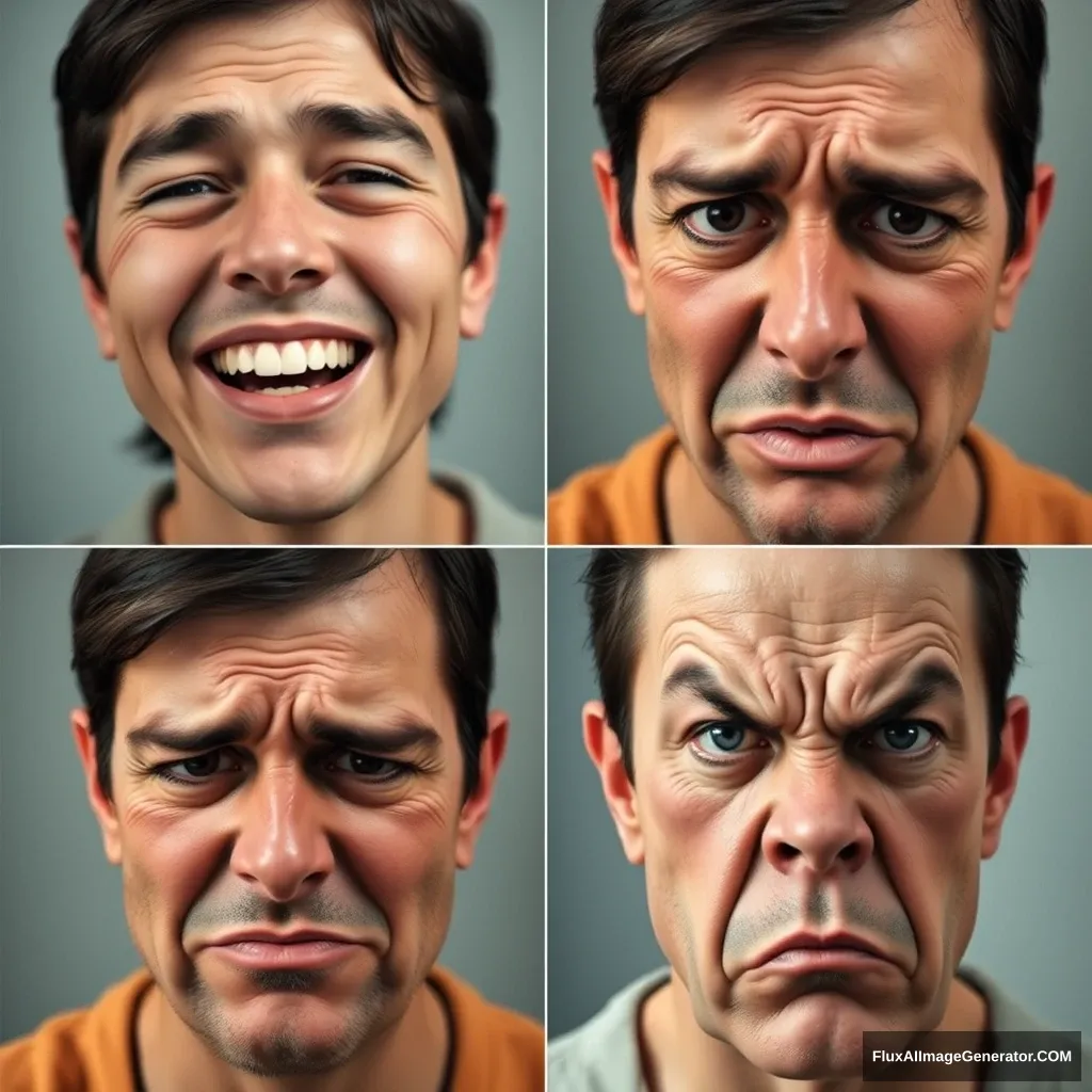 A four-panel grid portrait featuring the same person's face with the first panel showing a smiling expression, the second panel depicting a crying face, the third panel conveying a sorrowful look, and the fourth panel illustrating an angry expression.