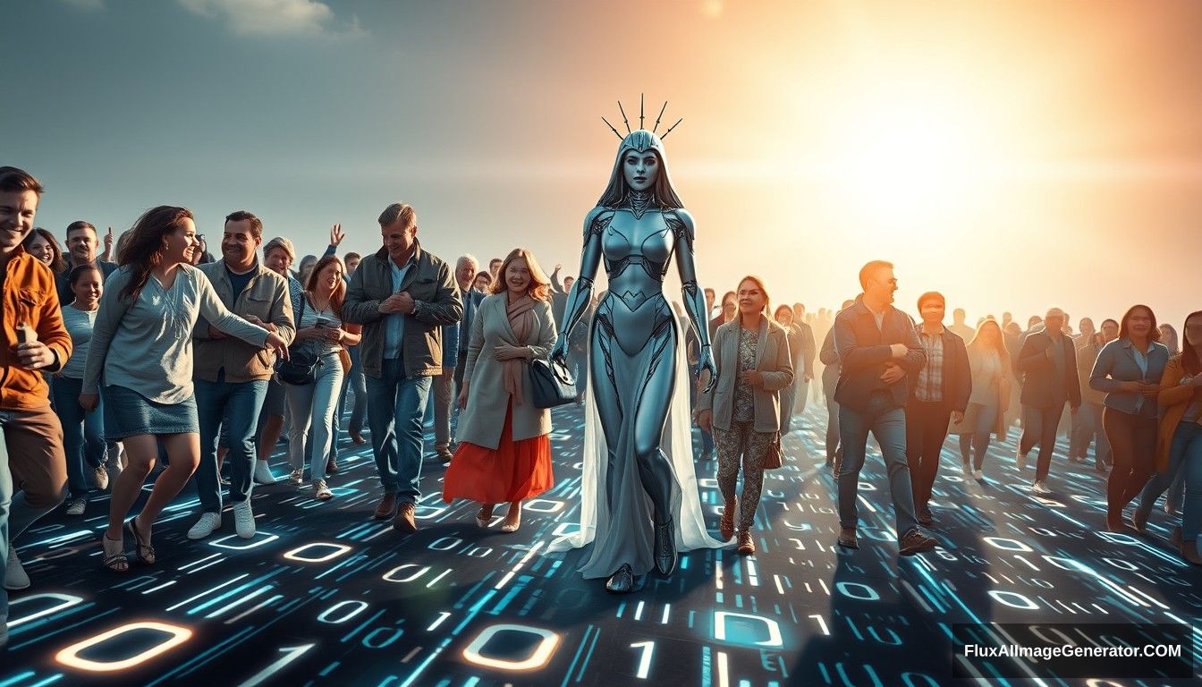 Hyper-realistic style featuring a powerful and inspiring image depicting the concept of blockchain and decentralization. In the foreground, a futuristic and sci-fi styled goddess symbolizing blockchain and decentralization leads the people towards a bright future. The goddess appears mostly human, with only about 10% of her body showing high-tech elements, such as a mechanical arm or eye. She stands on a digital road made of glowing lines and various random characters, including 0s and 1s, symbolizing the path of digitalization. She is surrounded by families and individuals of predominantly European descent who are joyous and supportive, embracing and helping each other. The scene is grand and panoramic, with light shining from the front, illuminating the entire scene. - Image