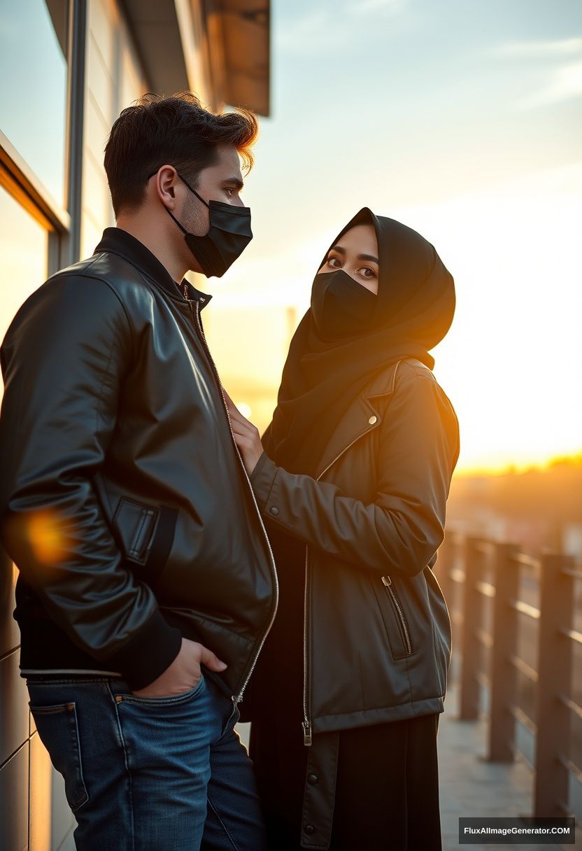 Jamie Dornan, handsome, young, black face mask, collage jacket, jeans, dating a beautiful, romantic, biggest black hijab Muslim girl with beautiful eyes, black face mask, black leather jacket, standing leaning against a wall, town, morning scenery, sunrise, photorealistic, street photography.