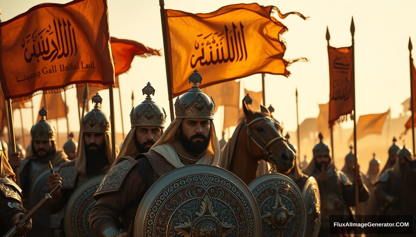 **Prompt AI Image Generator: Islamic War Army**

"UHD, realistic, cinematic, a formidable Islamic army preparing for battle, warriors in traditional Islamic armor and attire, intricately designed shields and swords, majestic warhorses adorned with armor, banners with Islamic calligraphy waving in the wind, desert backdrop with golden sunlight casting dramatic shadows, intense and determined expressions on the warriors, dynamic and energetic composition, sense of unity and strength." 8K