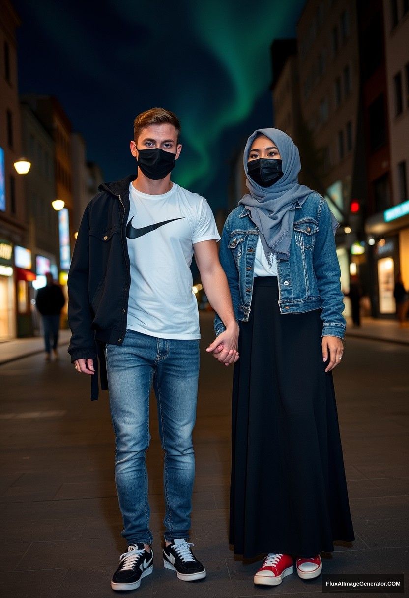 Jamie Dornan, handsome, black face mask, white Nike T-shirt, jeans, sneakers, romantic dating with a grey hijab Muslim girl, beautiful eyes, black face mask, jeans jacket, very long and big skirt, not a tall girl, red sneakers, holding hands, in town photorealistic, street photography, full photography, selfie photos, night scenery, aurora. - Image