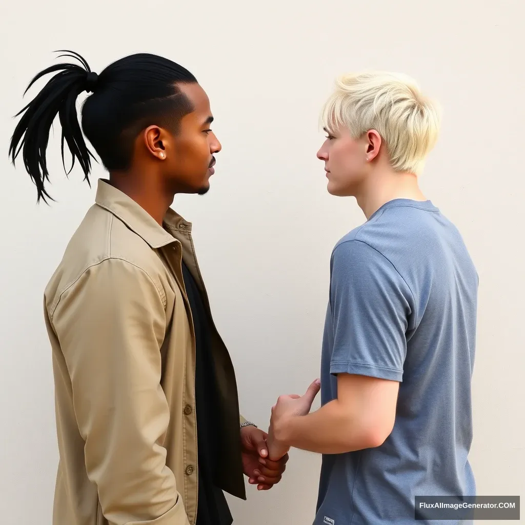 Blonde man and black pony-tailed hair man standing in front of the wall holding each other's hand.