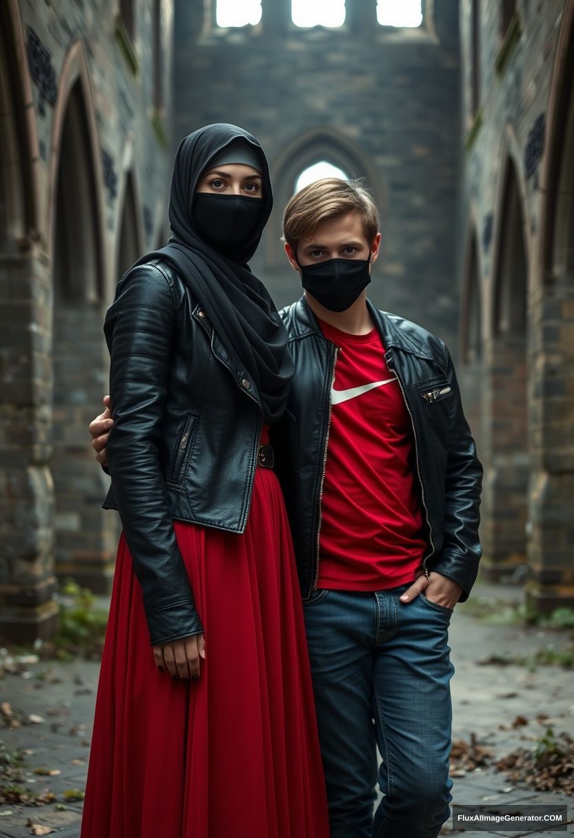 A biggest black hijab girl, beautiful eyes, black face mask, black leather jacket, largest red longest dress, not tall, leaning against him,

Jamie Dornan, handsome, black face mask, fit and tough body, red Nike t-shirt, black leather jacket, jeans, tall man, leaning against the wall

Hyper-realistic, photorealistic, studio photography, Victoria's abandoned castle, gloomy.