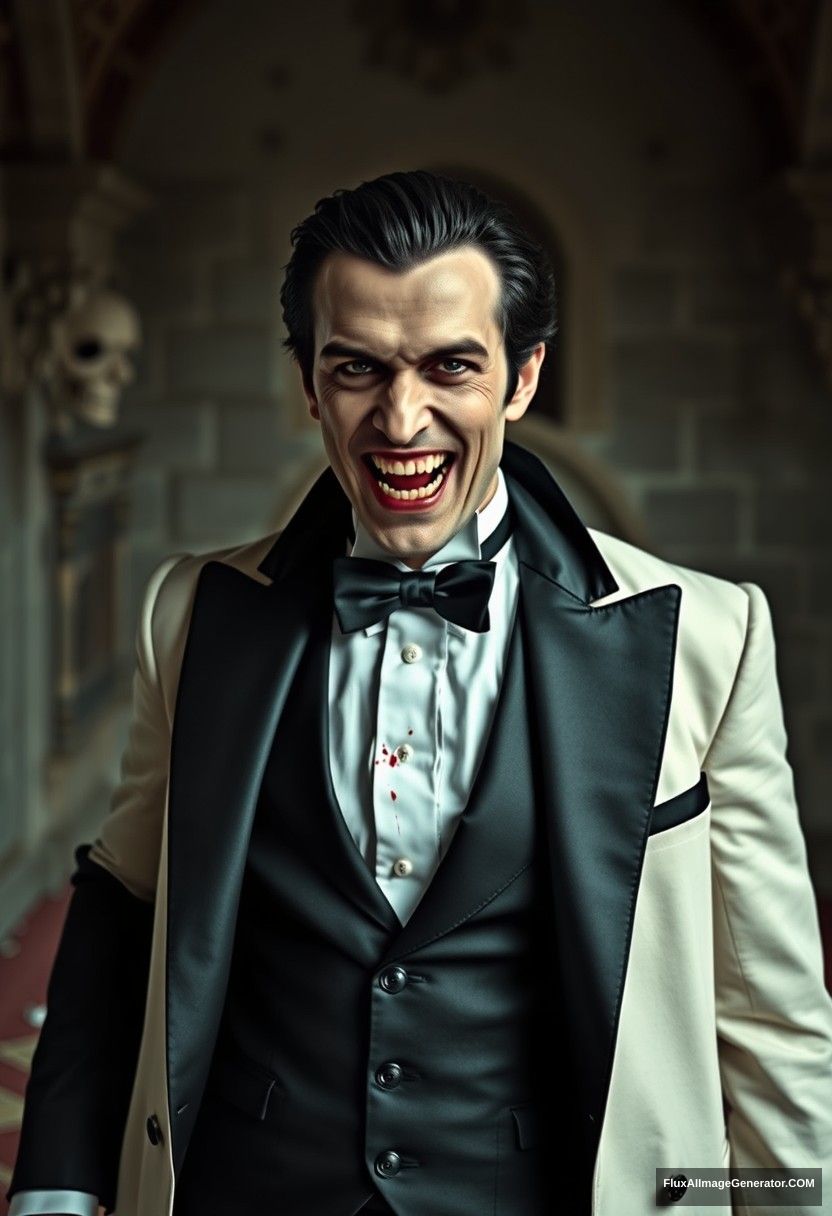 Dracula man, handsome, tuxedo, sharp teeth, blood, scary smile, hyper realistic, studio photography, full body photo, at abandoned castle.