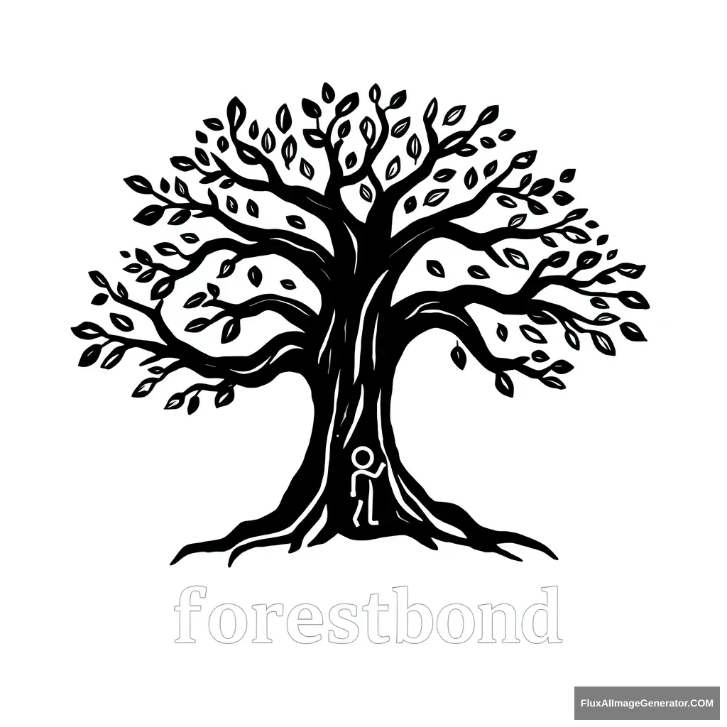 It's a logo for an app called forestbond. It's a tree in the shape of a woman spreading its branches with a lot of leaves. It gives the impression of deep and solid roots. Draw it in a reverent way and write the words Forest Bond underneath it in capital letters. It should have a serious feel to it. Don't overlap the drawing and text. Make it look like a child is under the tree looking up at it. Draw the whole thing in black on a transparent background.