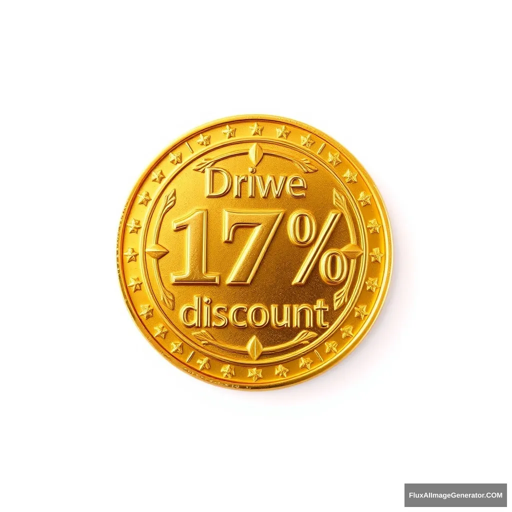 Draw a golden coin representing the right to purchase a 17% discount. The golden coin is very luxuriously decorated. The background is white.