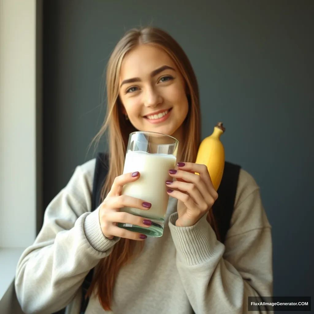 24 year old college girl with a banana milk - Image