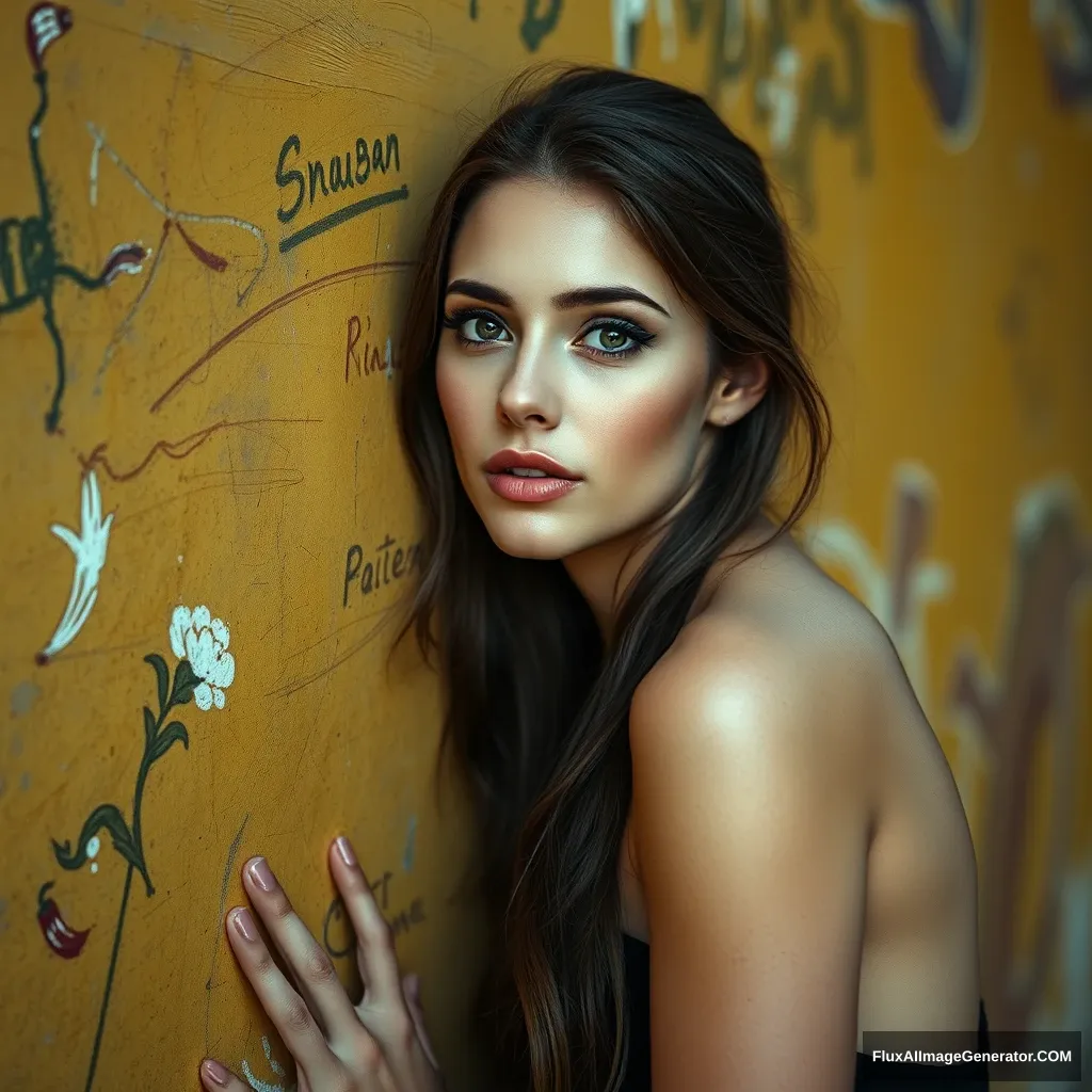 A full body portrait of a woman, leaning against an oil-painted wall, expressive, (detailed face, detailed eyes, clear skin, clear eyes), photorealistic, award-winning, professional photograph of a stunning woman, detailed, sharp focus, dramatic, award-winning, cinematic lighting, volumetrics dtx, ((soft light from the side)). - Image