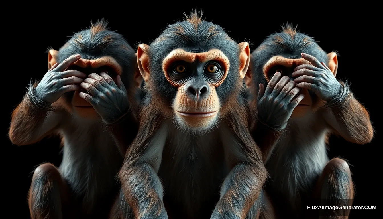 masterpiece, best quality, (octane render, cinematic CGI:1.4), intricate detail, beautiful three wise monkeys who are sitting down, embodying the proverbial principle "see no evil, hear no evil, speak no evil". The three monkeys are Mizaru, covering his eyes with two hands, who sees no evil; Kikazaru, covering his ears with two hands, who hears no evil; and Iwazaru, covering his mouth with two hands, who speaks no evil, (extreme closeup:1.2), (looking at the viewer:1.1), from front, soft light, low key light, dark mood, (chimp monkeys:1.2), detailed face, gaunt face, skin pores, detailed skin, intense eyes, (real skin detail:1.2), skin pores, detailed hair, detailed eyes, (depth of field:1.3), (dark background:1.2), sharp contrast, sharp detail, high contrast shadows.