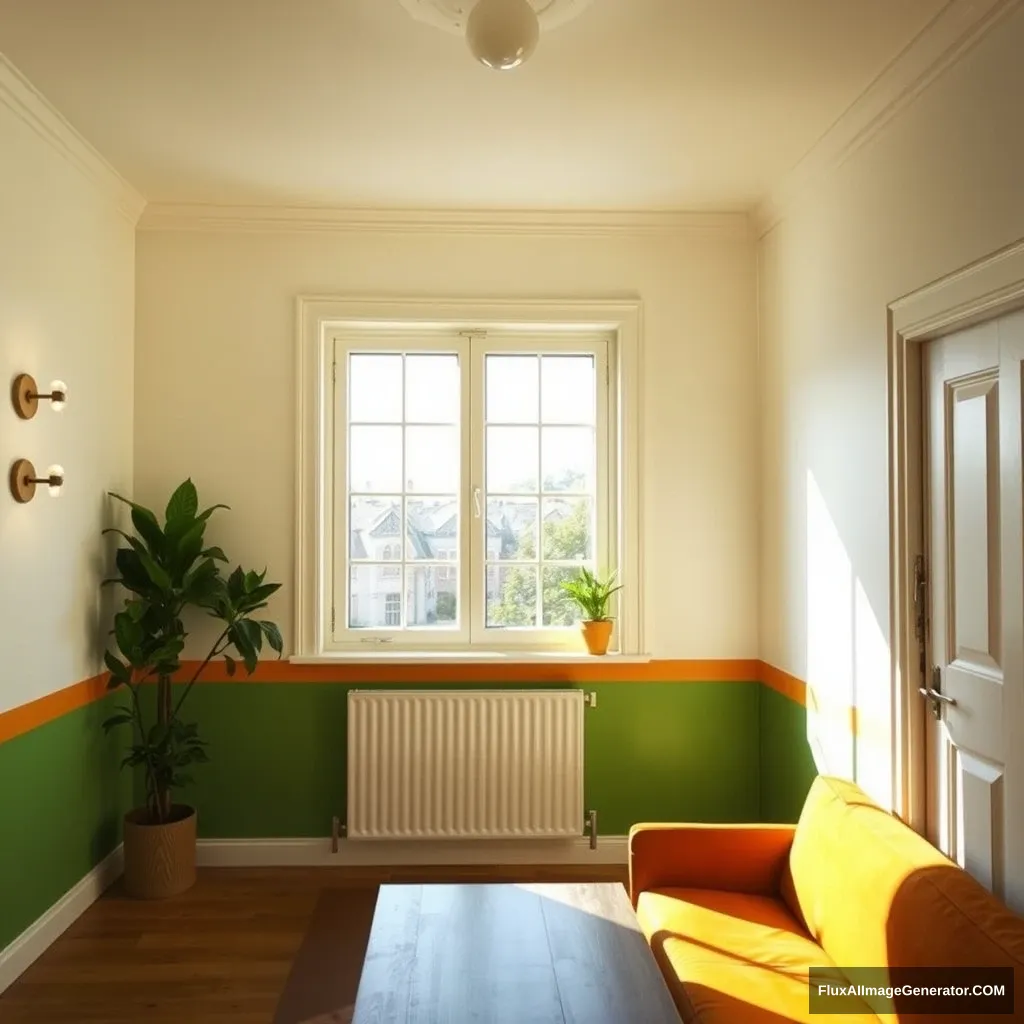 A cozy room, with one large window in the middle. It is sunny, but the light is not blinding. The room has a door to the right, and a wooden eating table towards the window. The paint on the wall is both eggshell white and green with a horizontal line dividing them, the green at the bottom. There is a sofa with a small sofa table, and some plants and light bulbs, to make it cozy. The window is very big, 1.5x1.5 meters. The door is almost out of sight. The wood on the tables is the same, and the color of the sofa is a shade of orange.