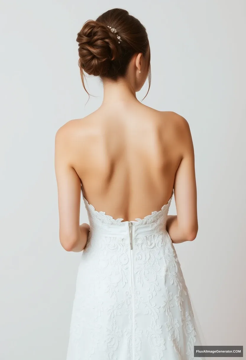 a young woman, sensitive, delicate, ashamed, backless strapless wedding dress - Image