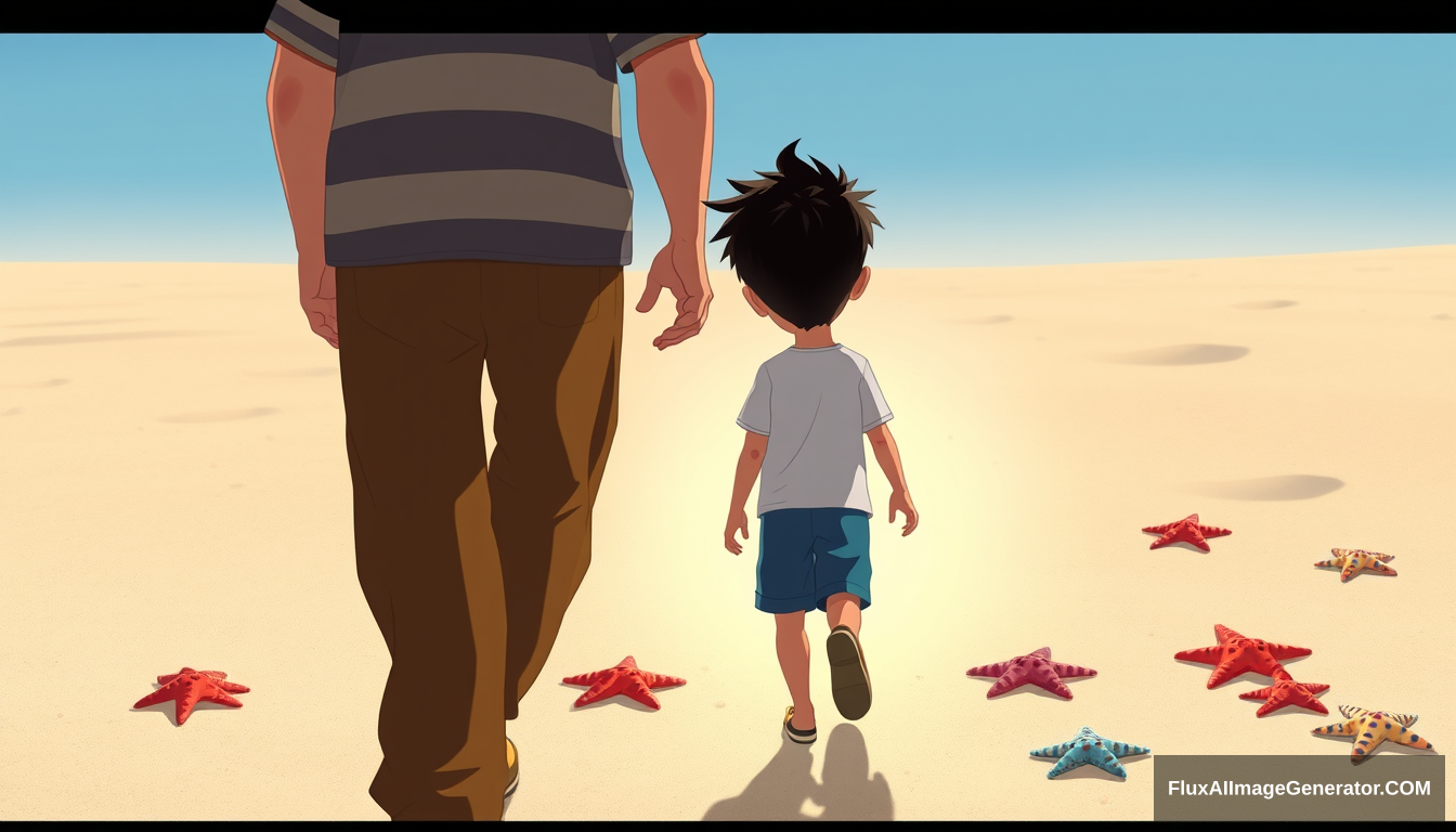 Digital illustration in the style of an animated movie scene, Tracking shot: From behind, the man (45 years old, stylized salt-and-pepper hair, striped shirt, brown pants) walks towards the boy (10 years old, spiky black hair, white t-shirt, blue shorts). The camera follows at eye level with a slight Dutch angle. The boy continues his task in the background, surrounded by a subtle aura. Scattered starfish on the sand are drawn with vibrant colors and shimmering effects.