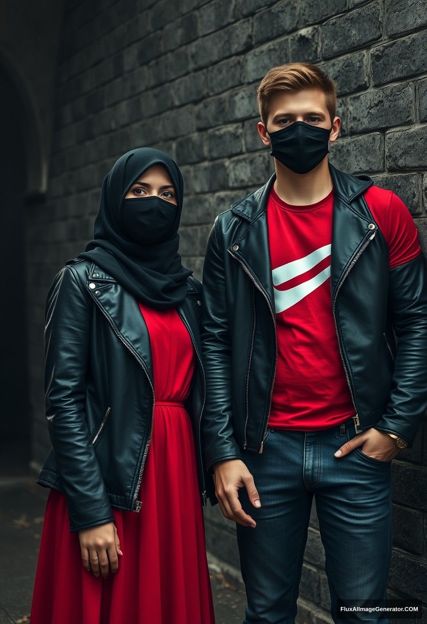 A big black hijab girl, beautiful eyes, black face mask, black leather jacket, the longest biggest red dress, not tall,

Jamie Dornan, handsome, black face mask, fit and tough body, Nike red t-shirt, black leather jacket, jeans, tall man,

standing near a wall together, 
hyper-realistic, photorealistic, street photography, Victoria's abandoned castle, gloomy, darkness.