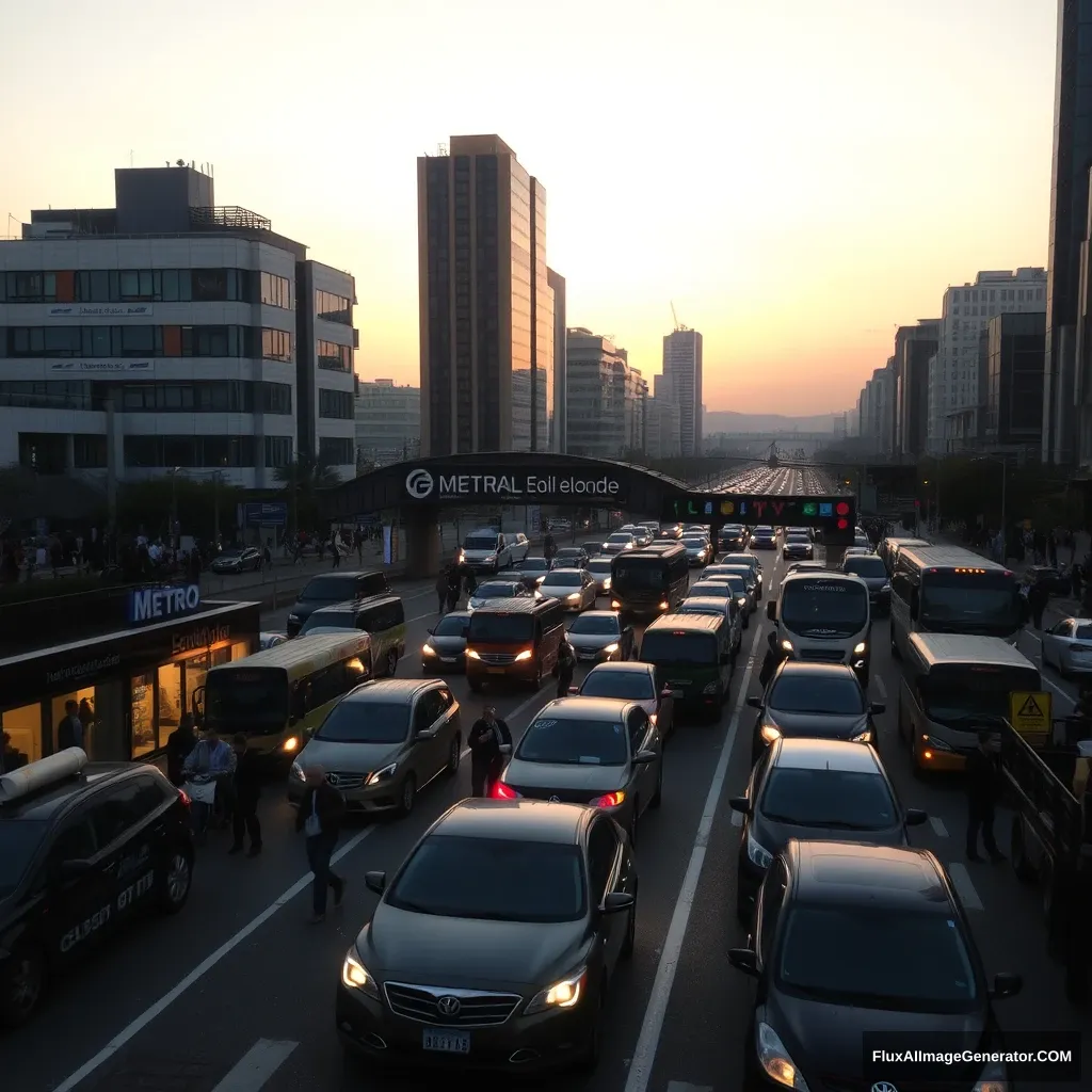 city at dawn, traffic jam, busy people, metro station entrance - Image