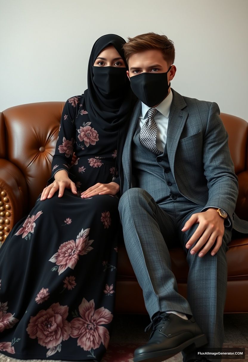 A biggest black hijab girl, slim girl, beautiful eyes, face mask black, biggest floral longest dress, sitting on leather single wing sofa,

Jamie Dornan, youngest, grey suit coat, grey pattern tie, black leather sneaker, tall man, face mask black, fit body, sitting near her,

hyper-realistic, studio photography. - Image