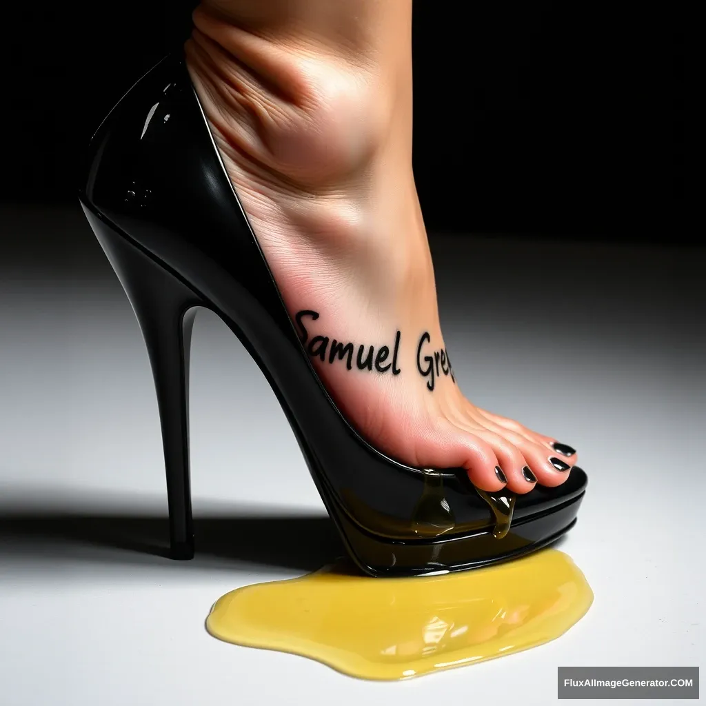 "The name 'Samuel Greg' on a woman's foot in a black high heel. There is oil all over the foot."