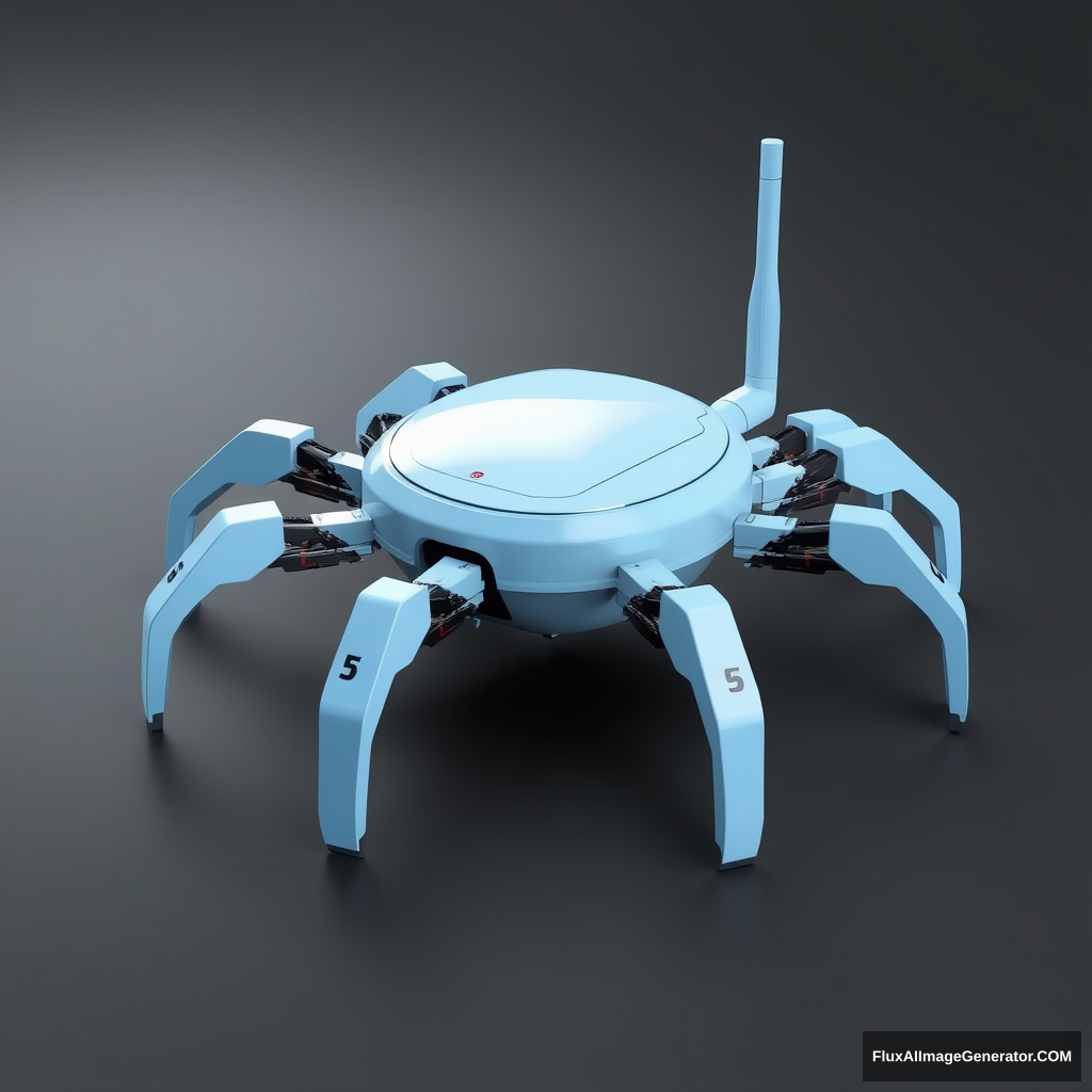 3D render of wireless router shaped spider robot, background monochrome, light blue color.