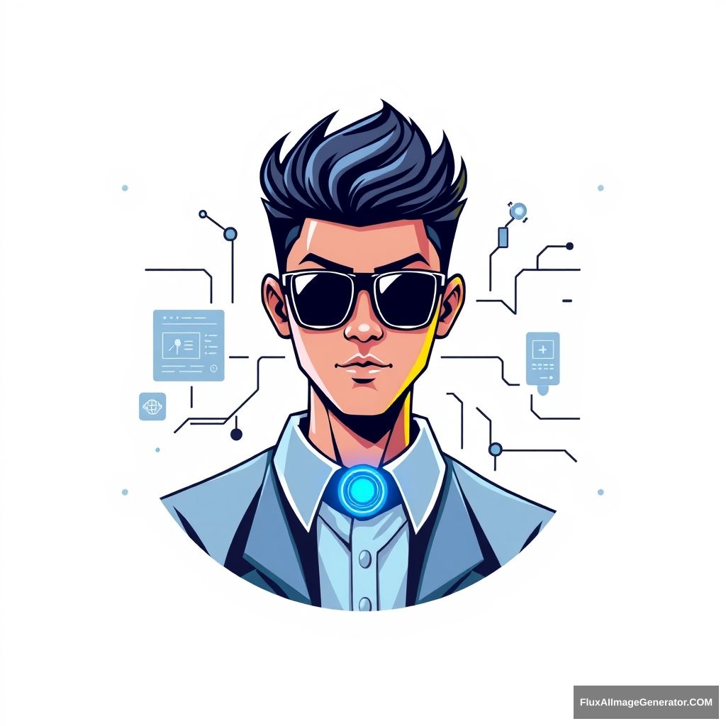 "Design a logo that highlights a character, with a pure white background, featuring a very cool and technologically advanced young person, primarily reflecting a strong sense of technology and looking quite professional in relation to internet entrepreneurship." - Image