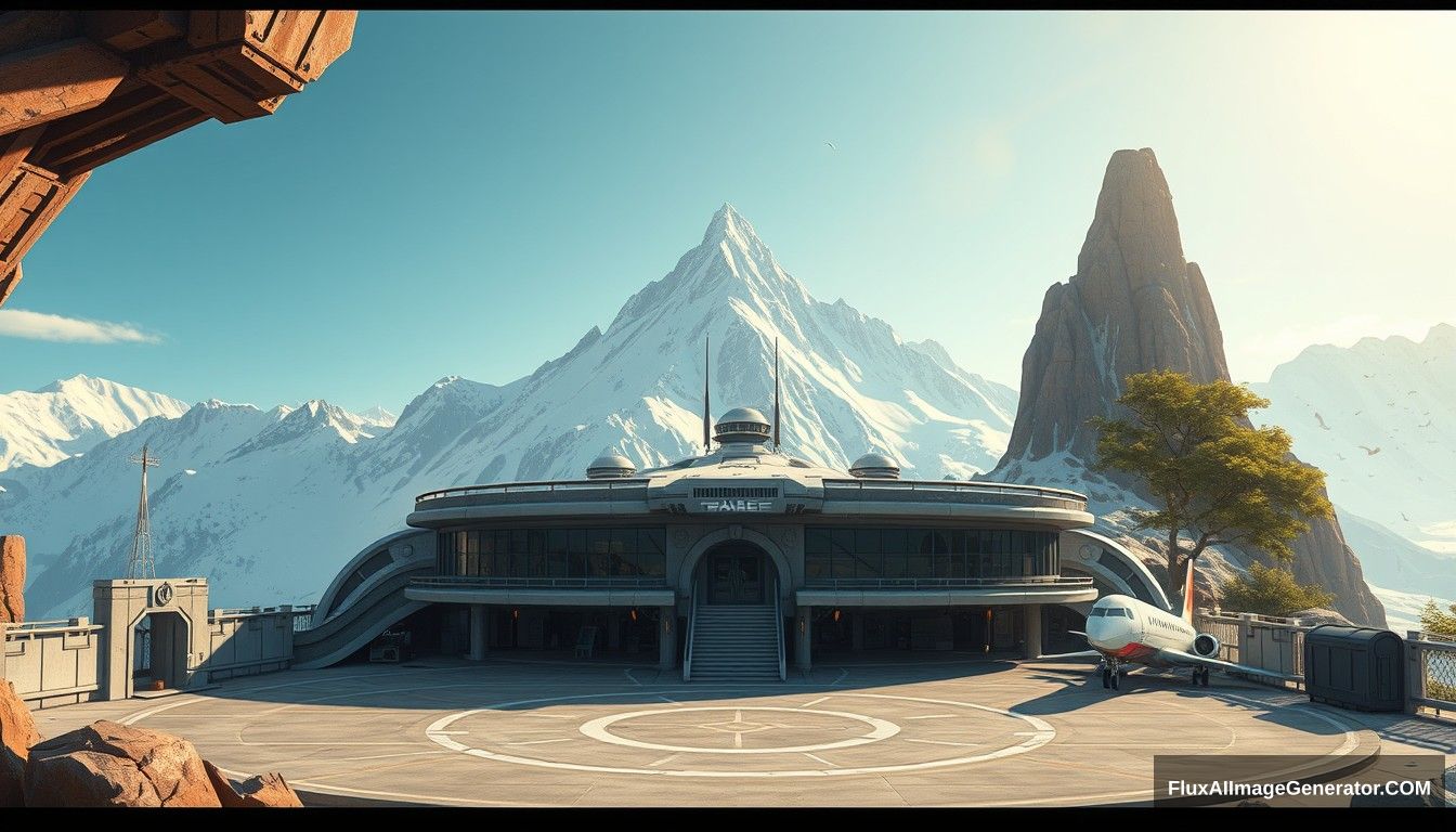 Cel shaded art, wide shot, a sci-fi center on top of a snow mountain, open air, close look, cyberpunk, military base, Star Wars style, indoor, patio, morning, sunlight, fortress, mountain, rock, snow, tarmac, parking apron, cave, tree, landing field, cliff, round shape.