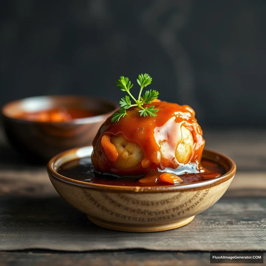 A creative shot of Stewed Pork Ball in Brown Sauce