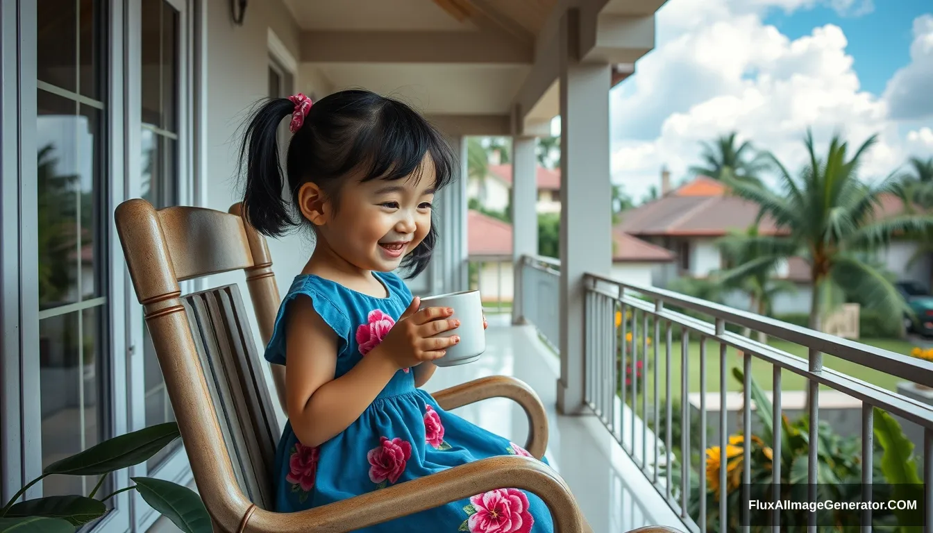 The style of Hirohiko Araki Kubrick, a 3-year-old Thai beauty girl, with ponytails, wearing a solid blue dress with a rose floral pattern, sitting on a rocking chair, sipping hot coffee, relaxing on the balcony of a house in Chonburi, enjoying the morning atmosphere with blue clouds, a cool breeze in front of the house, with a garden, banana trees, coconut trees, and a heavy rain atmosphere, oil painting, sharp 3D, 40K, pastel color, smiling.