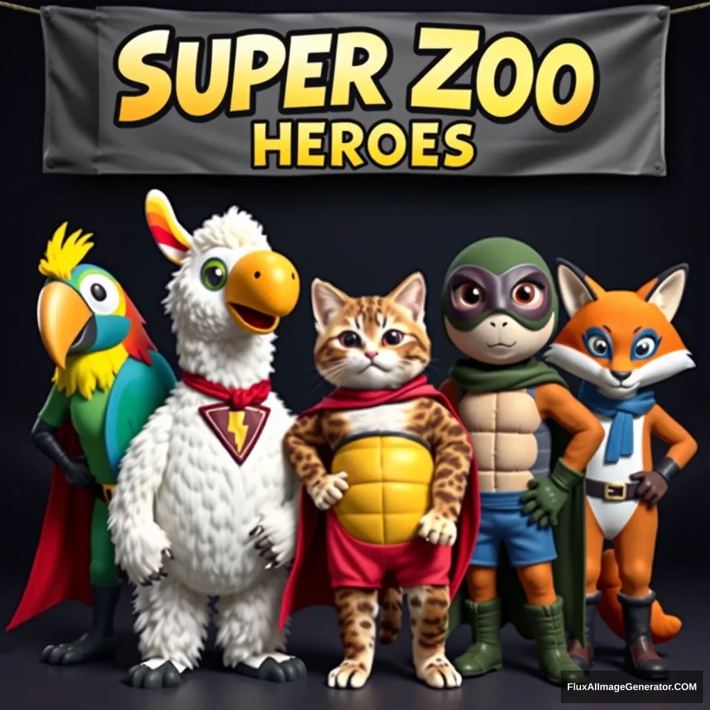 5 animal themed superheroes, themed around parrot, llama, cat, turtle and fox. They pose for a photo beneath a banner that reads "Super Zoo Heroes".