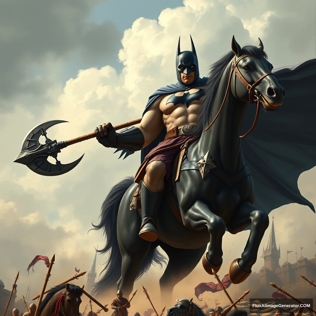 Giant Batman with huge muscles, joining the crusades, with a cross on his chest, holding a huge battle axe, riding a 30-foot tall black horse into battle.