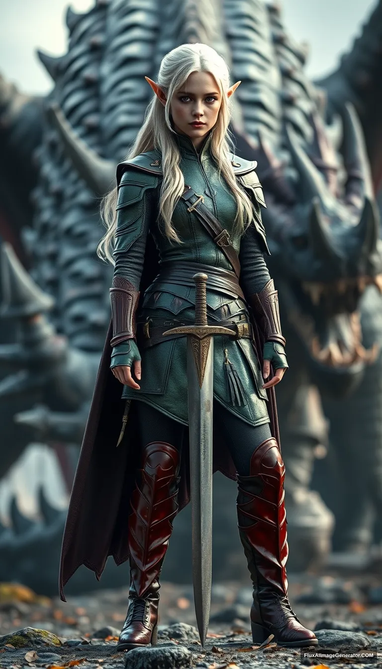 Gorgeous and elegant girl elf warrior (Emma Watson) stands guard with a sword, full body shot, platinum-colored hair, greenish metallic military uniform, reddish metallic military boots, dark brown cloak, defocused background of a huge dead dragon, hyper-realistic photo, Unreal Engine. - Image