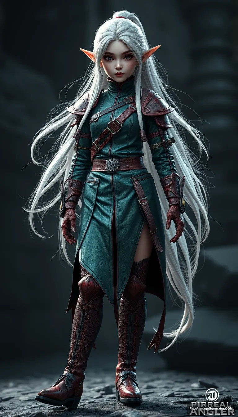 girl elf warrior (Tang Wei), full body shot, platinum colored hair, greenish military metallic uniform, reddish military metallic boots, hyper-realistic photo, 8K, unreal engine, - Image