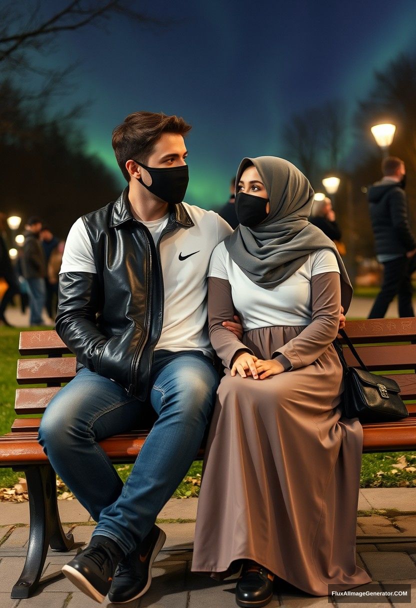 Jamie Dornan, tall and young, wearing a black face mask, a white Nike T-shirt, and jeans, is dating a romantic Muslim girl in a grey hijab with beautiful eyes, also wearing a black face mask and a leather jacket, and the longest and biggest skirt, who is not tall. They are sitting romantically together on a park bench, looking at each other lovingly, in town, with strangers in the background, in a photorealistic style, capturing street photography and selfie photos, during the night scenery, with the aurora borealis.