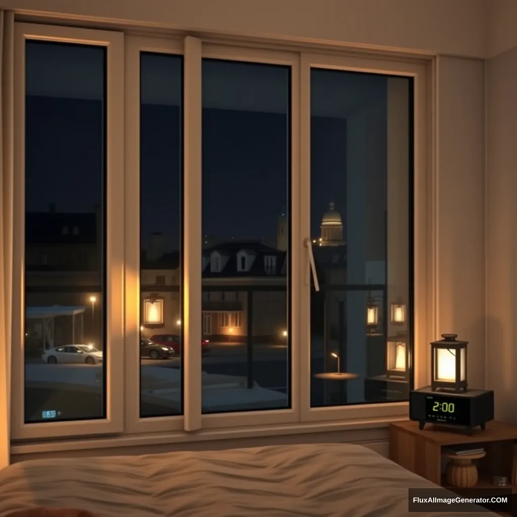 Glass window, modern bedroom apartment in France, lantern lighting, night scenery, 2:00 AM on a small clock at a small desk behind the bed, hyper-realistic, photorealistic. - Image