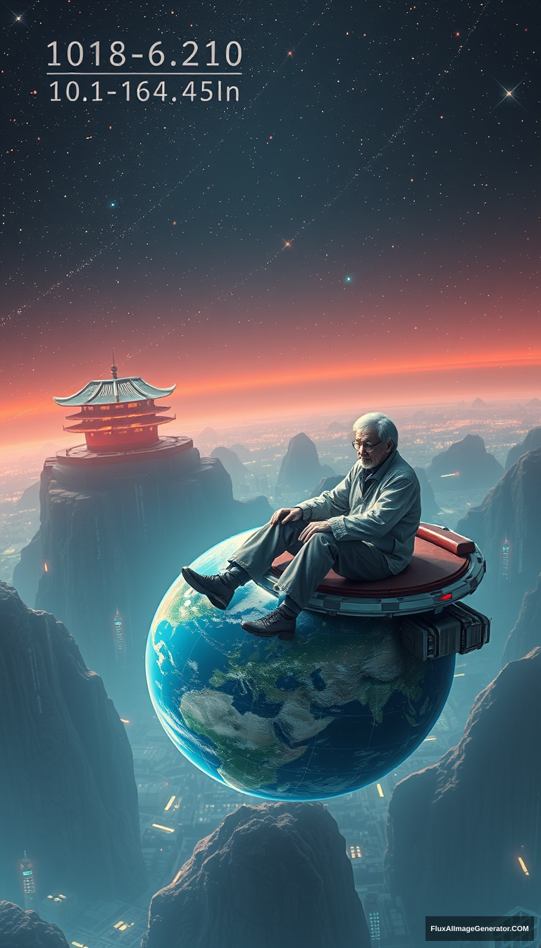 The background is a sci-fi world on the internet, where an old Chinese engineer is sitting on a flying Earth in this world. - Image